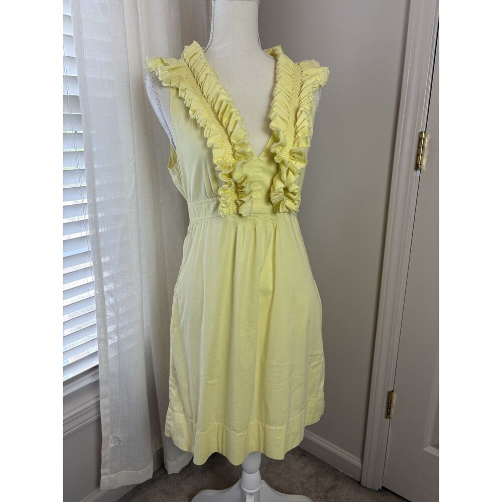 BCBGMAXAZRIA Butter Yellow Cotton Dress V Neck Ruffles Frayed Hems Summer Yellow